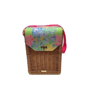 Wicker Wine Tote Lily Pulitzer Picnic Carrier Picnic Tote - Adjustable Strap EUC